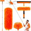 30 Feet High Reach Duster Kit with 2-24 ft Extension Pole High Ceiling Dusting and Window Cleaning Kit with Window Washer & Squeegee, Cobweb Duster, Washable Head for Ceiling Fan(Orange)