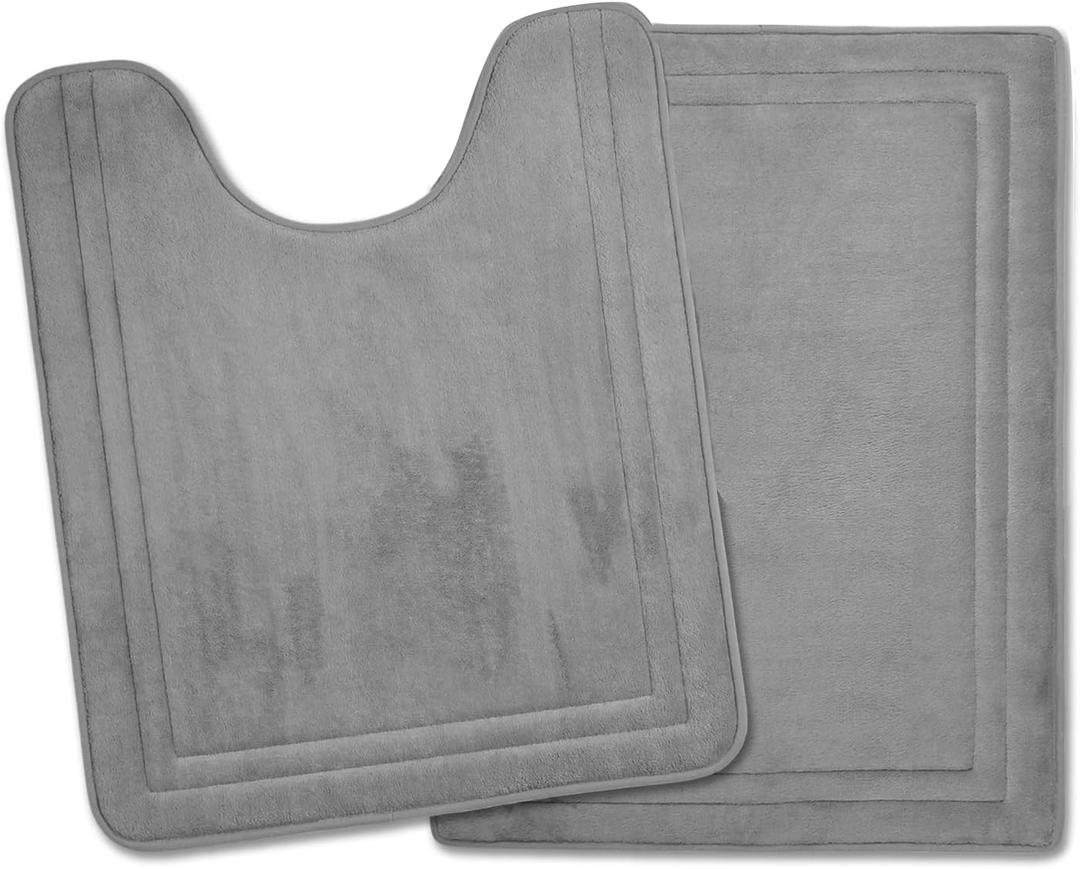PAGGED Grey Bathroom Rug Set of 2 Memory Foam Bath Mat and U-Shaped Contour Toilet Rug Non Slip Washable Floor Mats Soft Absorbent Plush Microfiber Shower Tub Bathmat Gray,24"x17"+24"x20"