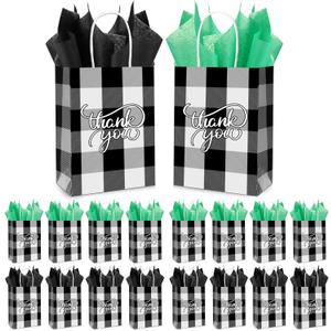 Cholemy 50 Pcs Christmas Buffalo Plaid Bags with 50 Sheets Tissue Paper 8.3 x 5.9 x 3.15 Inch Xmas Thank You Gift Bags Kraft Paper Bags Holiday Gift Wrapping for Christmas Party (Black White Plaid)