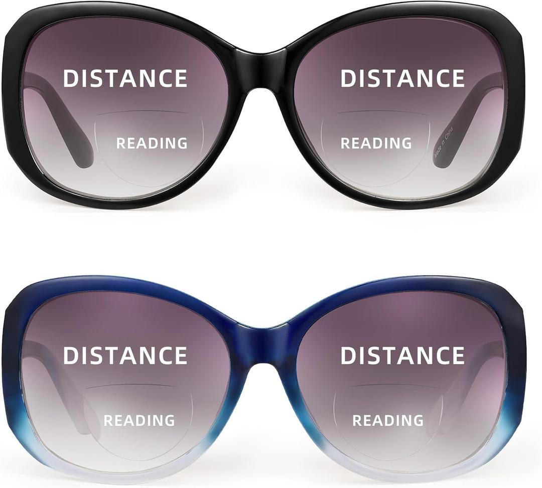 JM 2 Pack Bifocal Reading Sunglasses for Women Fashion Oversized Square Sun Readers Outdoor Reading Glasses UV400 Protection, Black & Clear Blue +2.5