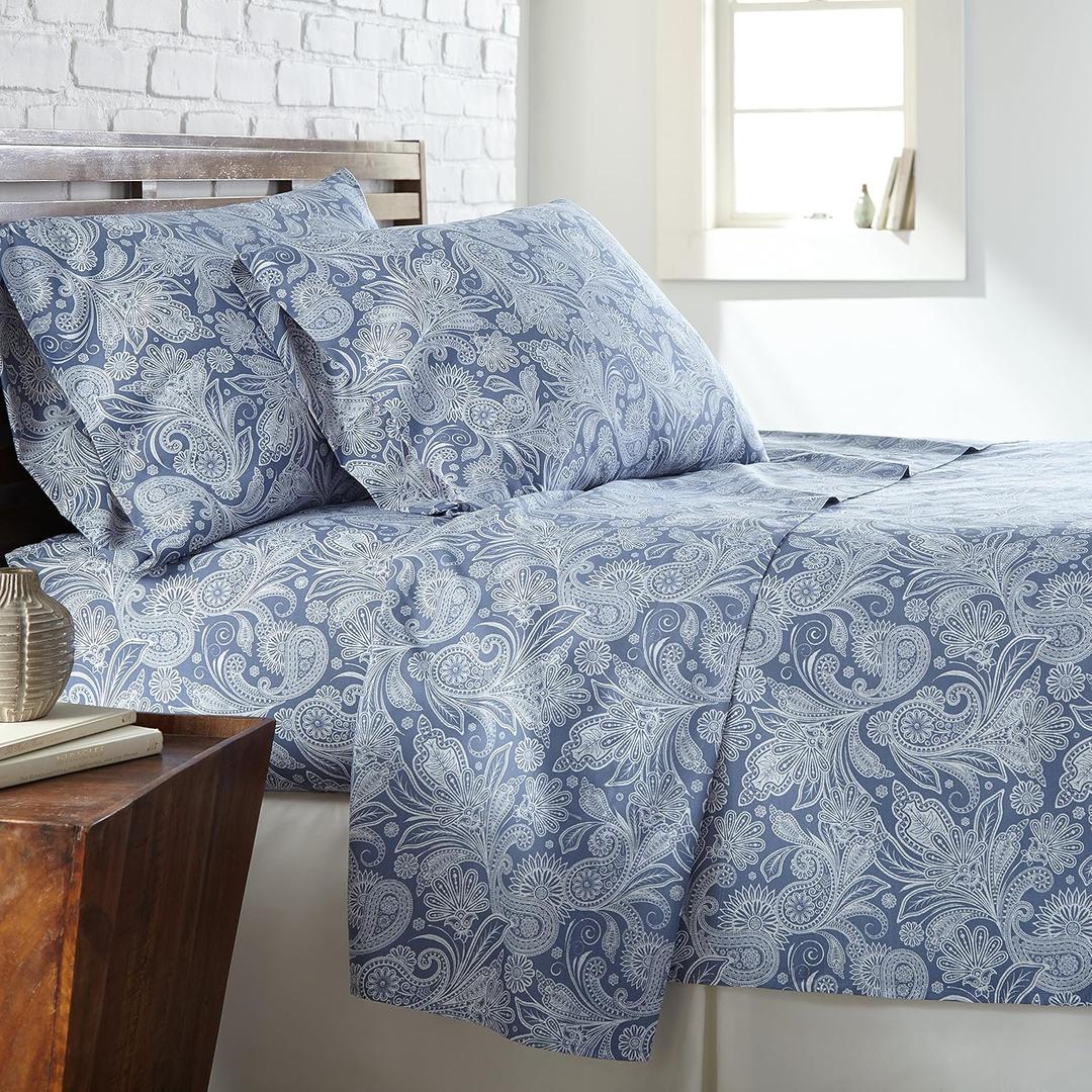 Southshore Fine Living, Inc. Perfect Paisley, 15 Inch Boho Sheets Queen, 4-Piece Blue Paisley Sheets, Bohemian Queen Deep Pocket Sheet Set, Pillow Cases Set of 2, Blue