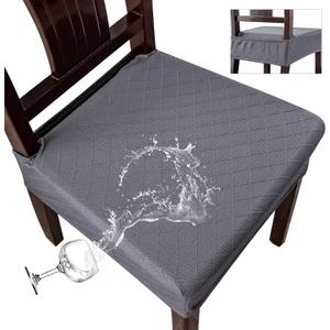 Genina Waterproof Seat Covers for Chairs,Set of 4 Dining Room Chair Seat Covers for Kitchen,Stretch Jacquard Removable Washable Dining Chair Slipcovers Protectors with Rear Covers, Dark Grey