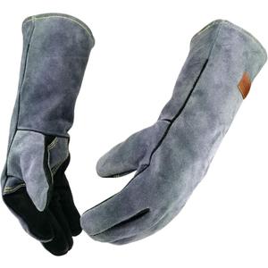16 Inches,932,Leather Welding Gloves, Heat/Fire Resistant,Large Mitts for BBQ,Oven,Grill,Fireplace,Tig,Mig,Forge,Baking,Furnace,Stove,Pot Holder,Animal Handling Glove.L Black-gray