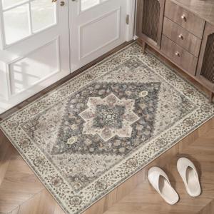 Tangsoo 2x3 Washable Rugs for Entryway, Vintage Non Slip Small Area Rug, Indoor Front Door Rug, Door Mat Small Carpet, Soft Low Pile Entry Rug for Entrance Kitchen Bedroom Print Distressed Grey/Multi