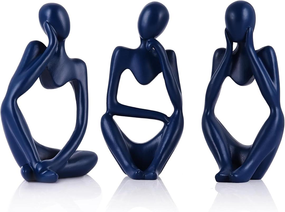 Navy Blue Thinker Statue Set of 3 - Navy Blue Decor for Table, TV Stand, Shelf, Desk - Resin Figurines for Living Room, Minimalist Bookcase Decorative, Modern Sculpture, Home Accents