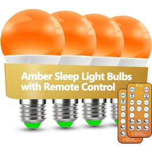 Amber Sleep Light Bulbs 1600K with Remote Control, E26 Blue Light Blocking A19, 9W for Sleep Therapy, Baby Nursery, Bedroom (4 Packs)