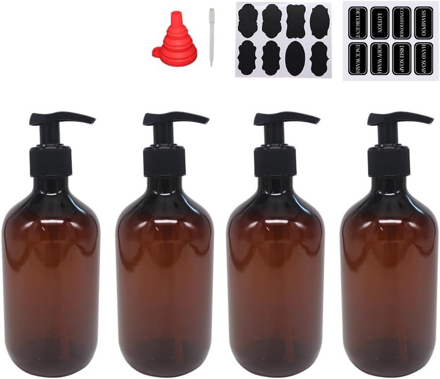 zmybcpack 4 Pack 16 OZ Empty Plastic Pump Lotion Bottles with 1 Pen, Labels & Silicone Funnel, Amber Color Lotion Dispenser With Locking Pump for Body Wash, Shampoo, Massage Lotion, Gel