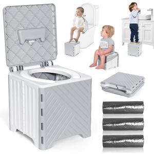 Orzbow Portable Potty Training Toilet, Travel Potty Seat for Toddler Boys Girls, Toilet Training Essentials, Foldable, Includes Free Travel Bag and Disposable Liners, Toddler Travel Essentials, Grey