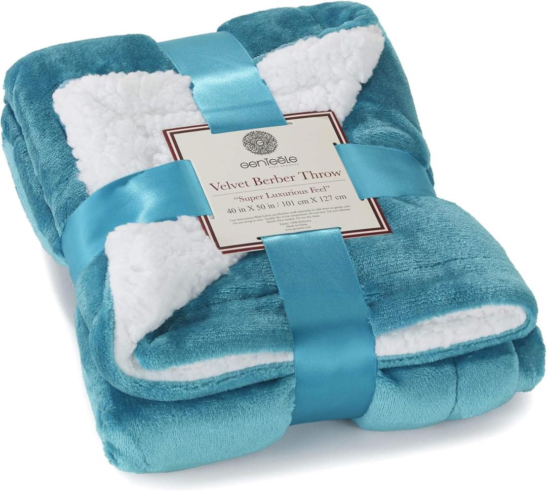 Genteele Sherpa Throw Blanket Super Soft Reversible Ultra Luxurious Plush Blanket, 40 x 50 inches, Teal/White