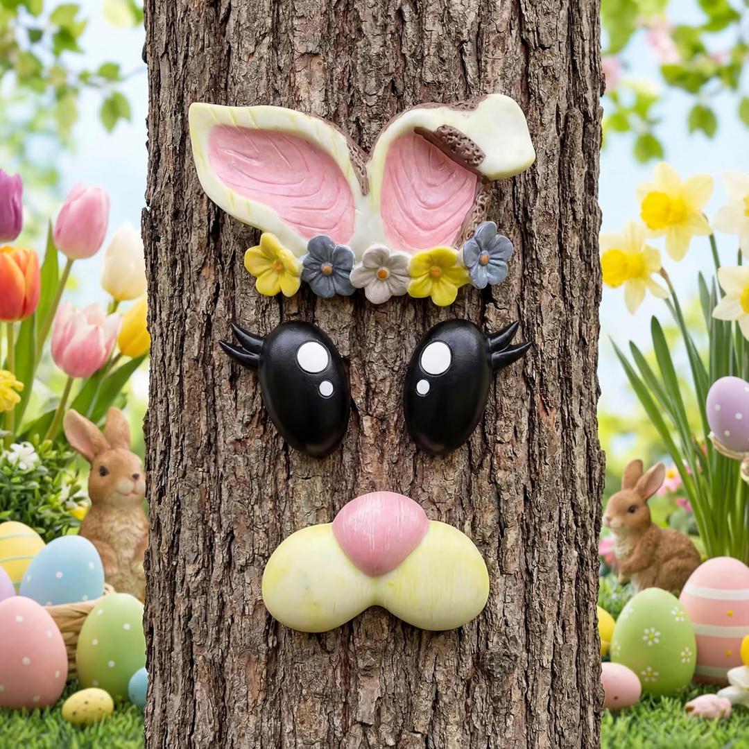 Halloscume Funny Easter Bunny Tree Face Outdoor Decor Easter Front Door Porch Decoration for Spring Home Wall Indoor Outdoor Garden Yard Party