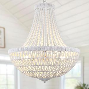 22" Boho Wood Beaded Chandelier Farmhouse Rattan Pendant Light Fixtures Bohemia Large Rattan Chandeliers for Dining Room Living Room Kitchen Island Entryway Foyer, White, 5-Lights