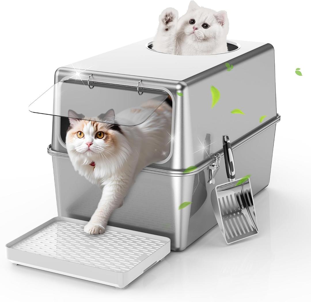 Stainless Steel Litter Box with Lid, Enclosed Metal with High Sides, Large Cat Litter Box, Dog-Proof, Odor Control, Easy to Clean,Durable with Round Edge (Front Opening)