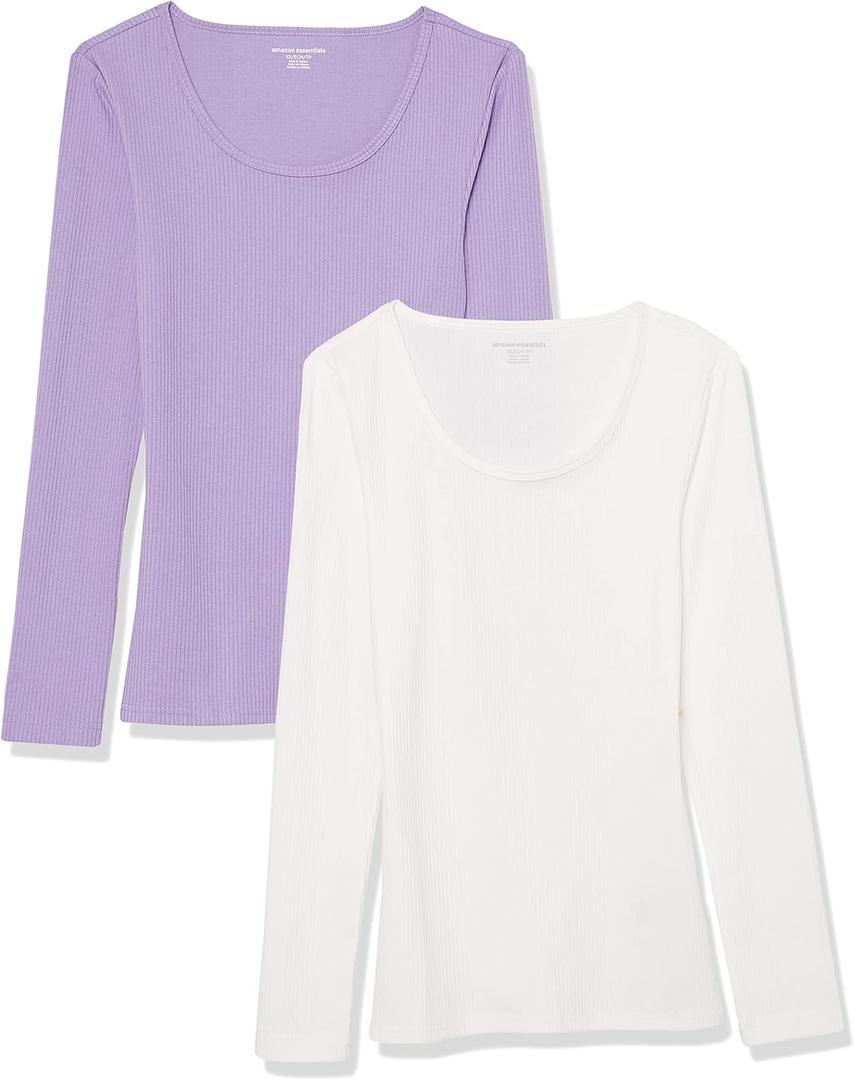Amazon Essentials Sweater for Women, Long Sleeve Slim-Fit Rib Scoop Neck (Available in Plus Size), Pack of 2 (Large, Lilac/White)
