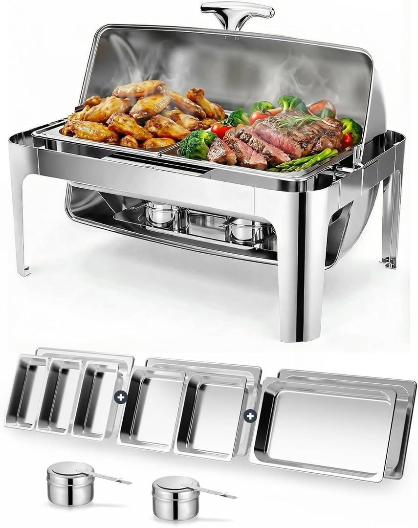 13QT Roll Top Chafing Dishes for Buffet: Catering Food Warmer for Parties, Wedding, Birthday, Christmas, 1 Full Size & 2 Half-Size & 3 1/3 size Chafing Server Dish, 1 Water Pan