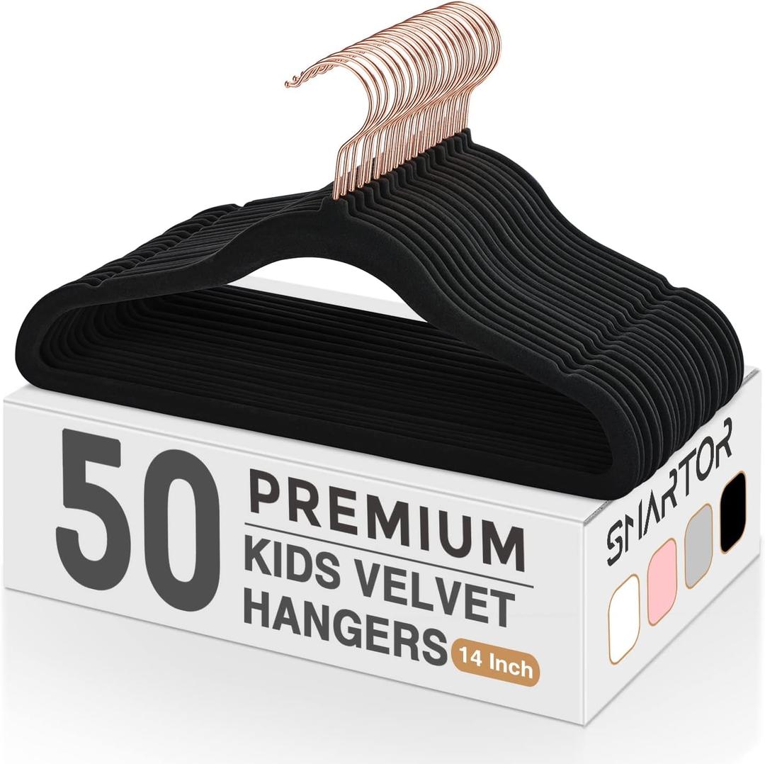 Smartor Kids Velvet Hangers 50 Pack, 14'' Inch Premium Non Slip Kids Felt Hangers for Closet, Space Saving Toddler Clothes Hanger for Youth's Childrens' Clothes (Rose Gold Hook)- Black