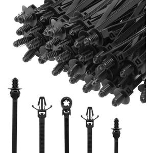 XINGO 210 PCS Universal Nylon Push Mount Zip Ties Assorted Sizes, Heavy Duty Nylon Push Mount Self Locking UV Resistant Wire Ties, 5 Most Popular Sizes,for Indoor Wire Tying Construction Auto