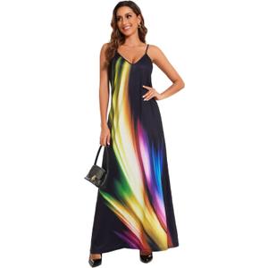 Women's Maxi Sunflower Dresses Sleeveless Long Tie Dye Dress Casual Sundresses with Pockets (10158rainbow)