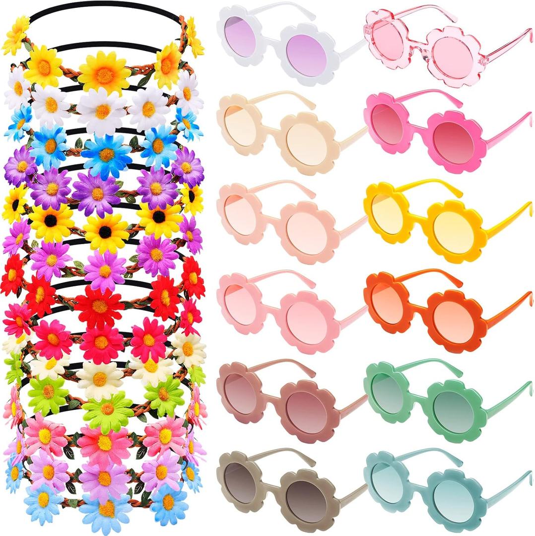 24 Pieces Two Groovy Party Supplies, 12 Pieces Multicolor Flower Headbands, 12 Pieces Round Flower Sunglasses for Kids, Groovy Party Decorations for Girls Hippie Themed Party Supplies