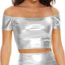 Women's Shiny Metallic Crop Tops Off Shoulder Tube Bra for Raves, Festivals, Costumes (XL)