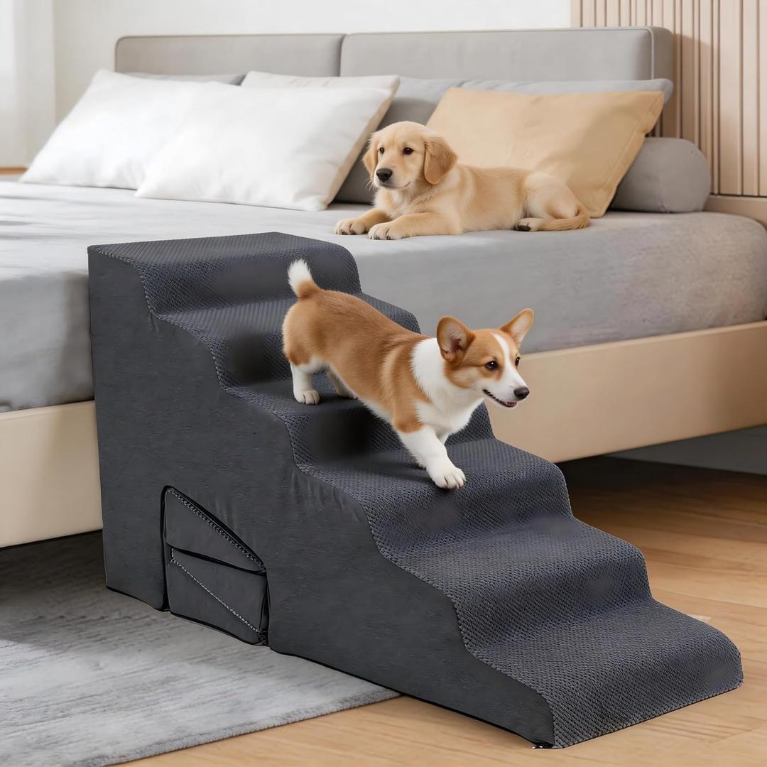 Dog Stairs for High Beds 30-36 inches Tall, 6-Step Dog Steps for Small Dogs Senior Dogs & Cats, 6 Steps Memory Foam Pet Steps with 3 Ramps, Non-Slip Removable Washable Cover, Grey