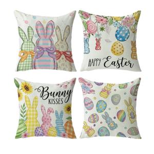 Easter Rabbit Decorative Throw Pillow Covers Set of 4, Easter Eggs Colorful Bunny Flowers Pillow Covers 18 x 17 in, Soft Linen, Cushion Pillows for Sofa, Couch, Bedroom