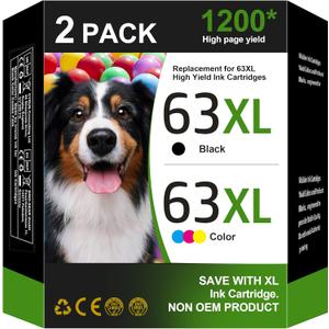 63XL Ink Cartridges Black and Color (2-Pack) Replacement for HP Ink 63 63XL Combo Pack Works for HP OfficeJet 3830 4650 4655 5200 5222 5255, DeskJet 1112 2130 3630, Envy 4510 4520 Series | L0R46AN