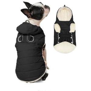 Vecomfy Fleece Lining Dog Hoodie with Harness Built in,Extra Warm Small Dog Jacket in Winter Puppy Coats with Drawstring Hooded,Black M