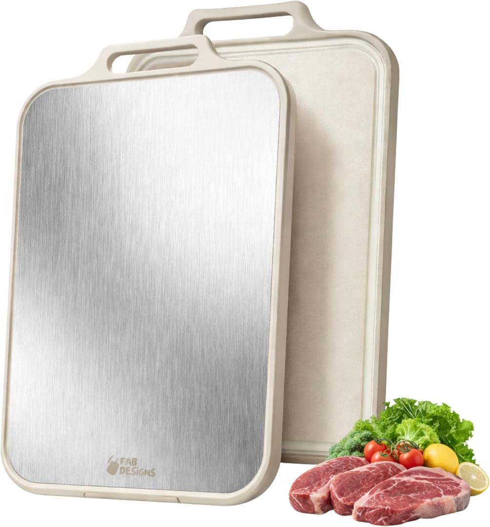 Stainless Steel Cutting Board, Double Sided Steel Cutting Boards for kitchen, Non Toxic Stainless Steel/Wheat straw pp Large size for meat, 17 x 11 Inch,Dishwasher Safe,luxury style Aesthetic chopping