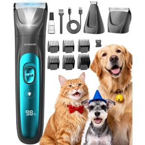 oneisall LED Light Dog Trimmer Clippers, Cordless Dog Grooming Kit 2 in 1, 2000mAh Pet Grooming Clippers Paw Trimmer for Paw, Face, Ears, Legs, Body
