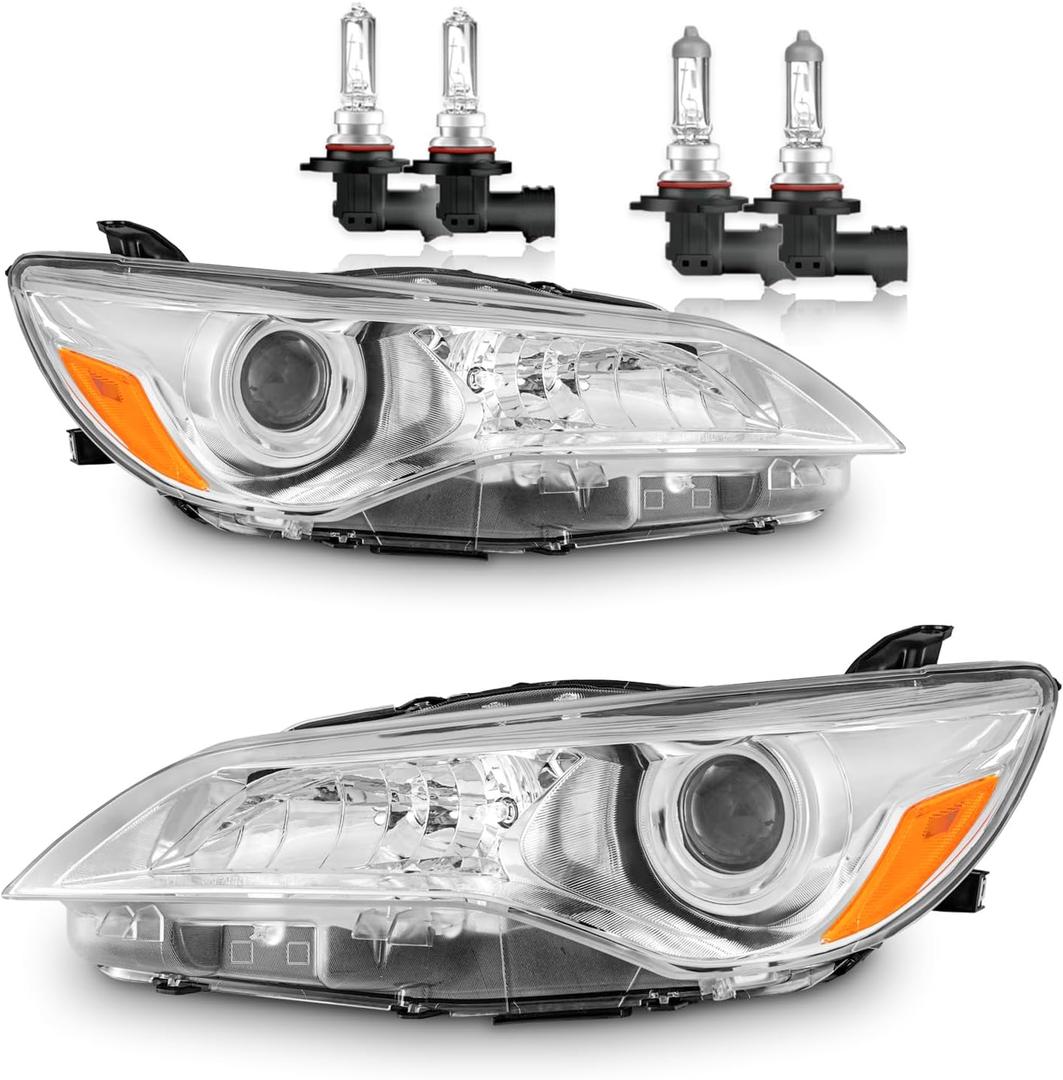 Headlights W/Bulbs for 2015-2017 Toyota Camry Only 4-Door Sedan Halogen Headlamp Replacement Driver & Passenger Side