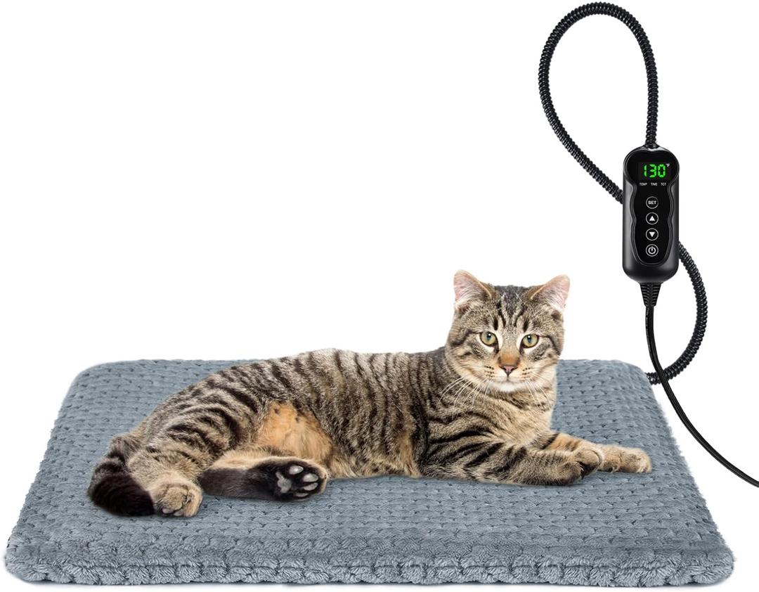 Heated Cat Bed, Waterproof Adjustable Temperature Dog Cat Heating Pad with Timer, Indoor Pet Heating Pad for Cats Dogs Electric Pads for Dogs Cats, Pet Heated Pad (S: 18" x 16") Grey