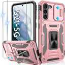 Gritup for Galaxy-S21-Case with Slide Camera Cover + [HD Screen Protector2], 360 Metal Rotated Ring Kickstand,Military Grade Shockproof Protective Cover Case for Samsung Galaxy S21,Rose Gold