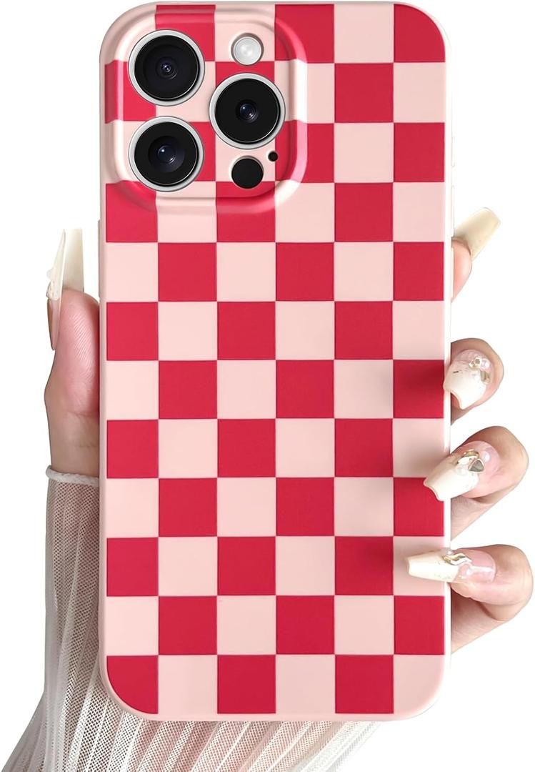 Skyseaco Compatible with iPhone 15 Pro Case Cute Checkerboard Checkered Pattern Design Soft Slim TPU Phone Case Shockproof Full Camera Protection for Women Girls - Pink&Red