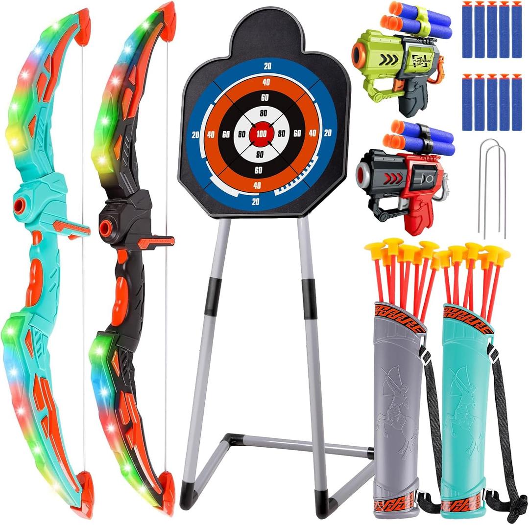 TWFRIC 2 Pack Bow and Arrow for Kids - LED Light Up Archery Set with 16 Arrows, 1 Standing Target & 2 Quivers - Fun Indoor/Outdoor Toy for Boys & Girls Aged 3-12 (Blue)