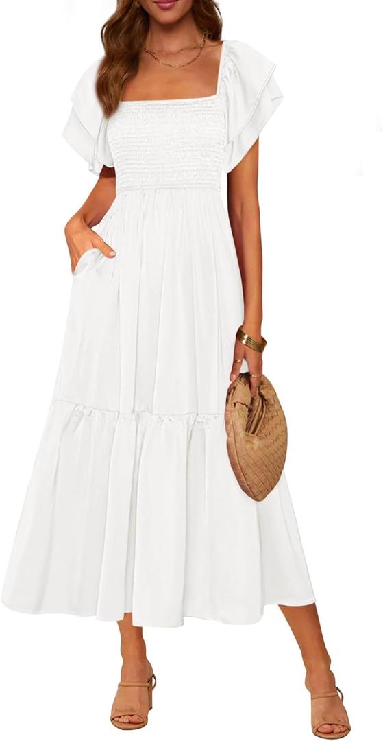 MASCOMODA Womens Summer Casual Midi Dress Square Neck Ruffle Short Sleeve Smocked High Waist A Line Wedding Guest Dresses(White, Small)