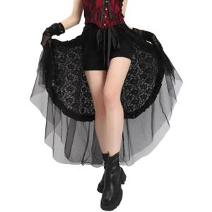 FURPHI Steampunk Tulle Bustle Skirt Gothic Black Tutu Dress with Drawstring Halloween Costume for Women