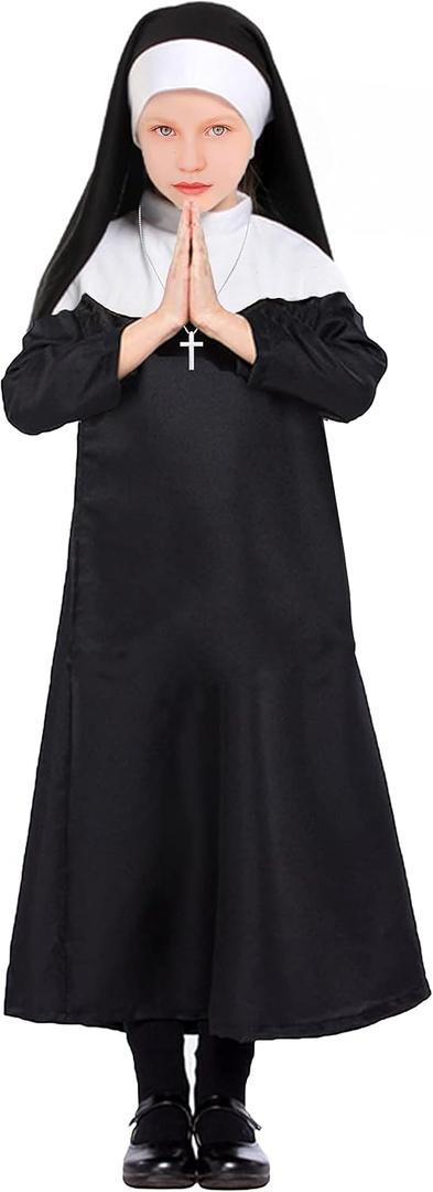 Girls Nun Costume Nun Cosplay Dress Halloween Horror Movies Catholic Sister Costumes Halloween Outfit for Kids (M/130, Black)
