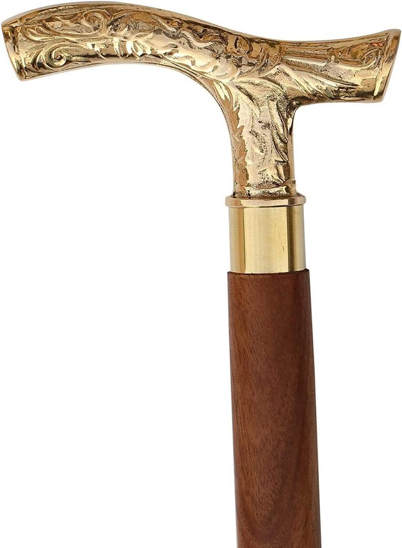 Solid Brass T-Handle Walking Cane  37" Brown Ebony Wooden Stick for Men & Women  Golden Tone Brass Derby Cane  Handmade Vintage Walking Stick Gift for Seniors & Collectors