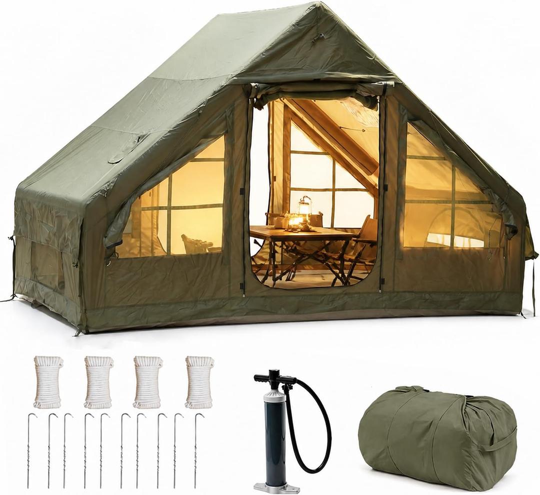 4-6 Person Inflatable Camping Tent, Panoramic PVC Skylight & Privacy Cover, 420D Oxford Waterproof UPF30+, PVC Air Beams, Mesh Ventilation, 5-Min Quick Setup Blow Up Tent for Family, 118x79x79 inch/3x2x2 m