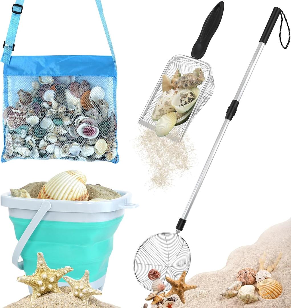 fethwoin Shark Tooth Sifter, Beach Sand Sifter, Sea Shell Scooper for Beach, Shell Bags&Foldable Bucket, Sand Beach Toys for Kids 6 8 10 12, Medium, Blue, Medium, Small