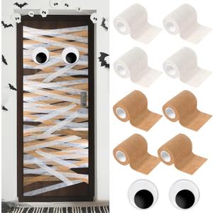 11 Pcs Halloween Mummy Door Decoration Set with Large Googly Eyes Cloth Bandage and Masking Tape for Halloween Party DIY Mummy Door Refrigerator Fireplace Cover (Classic)