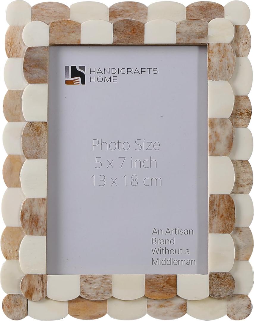 Handicrafts Home 5x7 Picture Frame Brown & White, Scalloped Bone Inlay Photo Frame, Handmade Decorative Picture Frame for Wall or Tabletop, Coastal Modern Home Decor