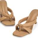 Coutgo Womens Thong Heels Mules Square Toe Heeled Flip Flops Mule Sexy Stiletto Dress Party Sandals (8.5, Khaki)