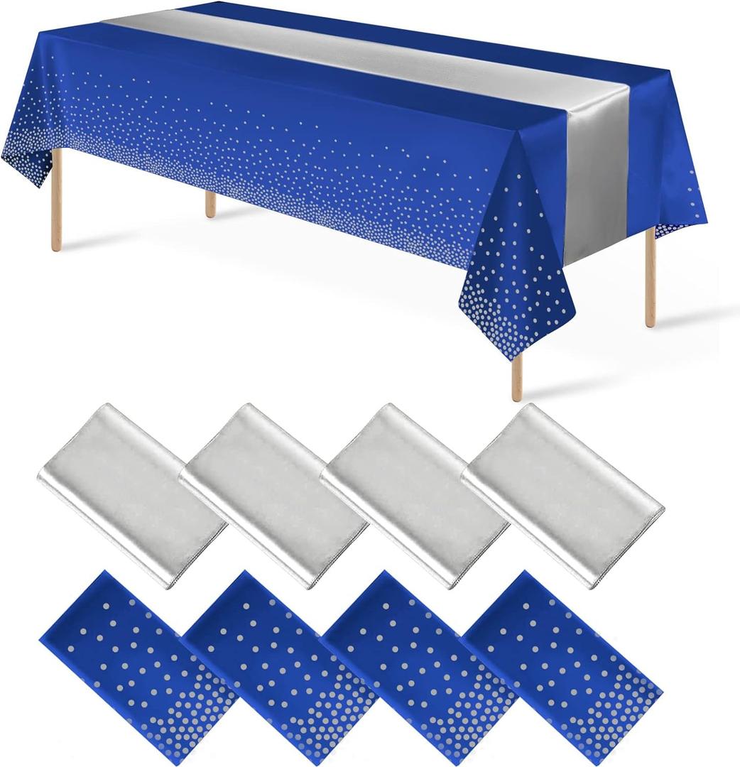 8Pack Disposable Plastic Tablecloths and Satin Table Runner Set Blue and Silver Dot Tablecloth Silver Satin Table Runner for Wedding Birthday Baby Shower Anniversary Christmas New Year Party Supplies