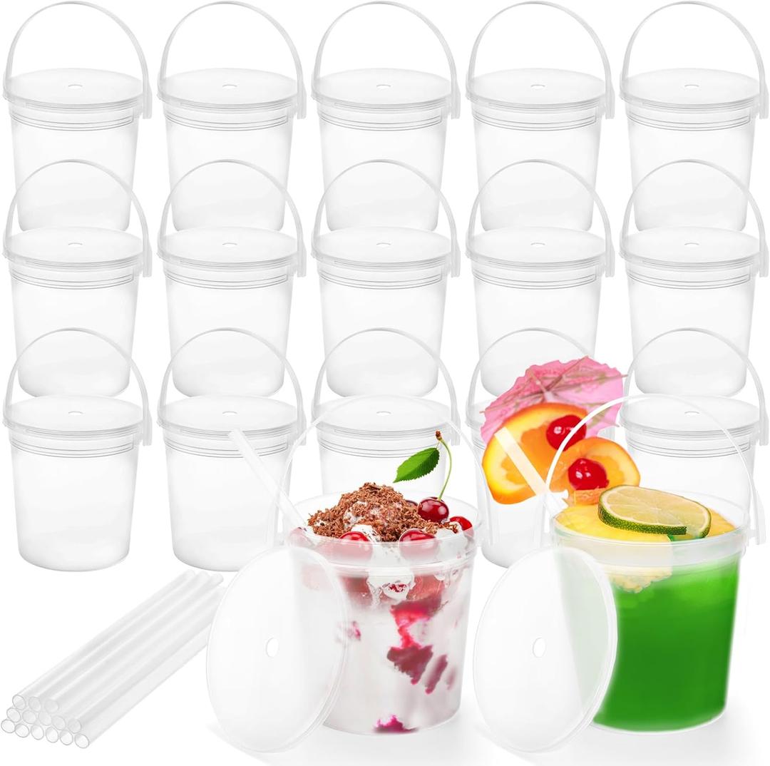 Yopay 15 Pack Plastic Buckets for Drinks, 32OZ Cocktail Buckets Reusable Smoothie Bucket with Lid and Straw, 1Liter Large Ice Cream Pails for Halloween Football Parties Bar Beer
