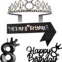 8th Birthday Decorations for Girl - Including Crown/Tiara, Sash, Cake Toppers & Number 8 Candles - Black Party Supplies