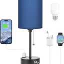 Small Bedside Table lamp for Bedroom - 3 Color Temperatures Bedside Lamps with USB C and A Ports, Pull Chain Table Lamps with AC Outlet, White Nightstand Lamps with Black Metal Base for Kids Reading, Blue