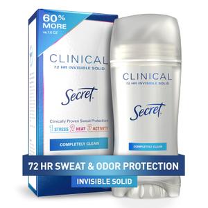 Secret Clinical Strength Antiperspirant Deodorant for Women, 3X Stress Protection, 72hr Sweat & Odor Protection, PH Balancing Minerals, Invisible Solid, Completely Clean Scent, 2.6 oz (2.6 Ounce (Pack of 1))