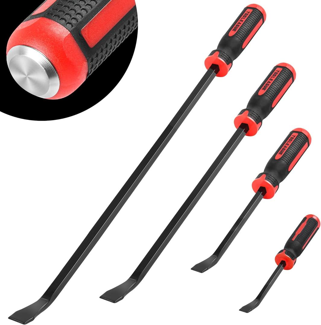 TOOLEAGUE Utility 4Pcs Pry Bar Set,8",12",18",24" Mechanic Hand Tools with Thicker Strike Cap Handle,Heavy Duty Pry Bar Tools for Automotive,Black and Red