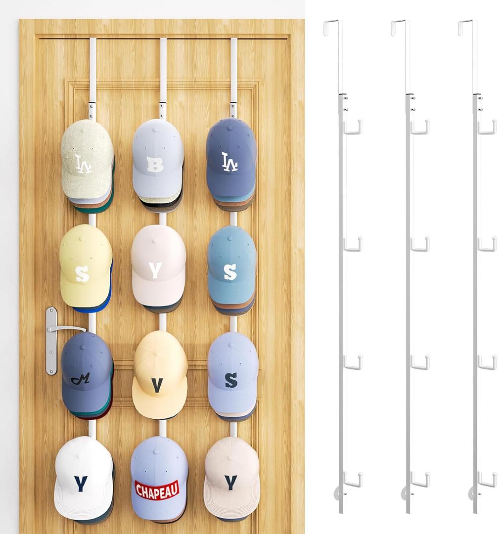SWTYMIKI Over Door Hat Organizer - 3 Packs Metal Hanging Hat Rack with 12 Hooks Design, Baseball Cap Hanger Organizer Storage Holds up to 60 Caps for Door, Bedroom, Closet (White)